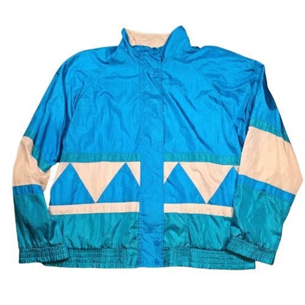 Vintage 80s Colorblock Windbreaker Jacket Teal Green Geometric Retro Grandmacore - Picture 1 of 10
